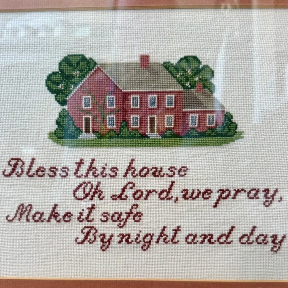 VTG 80s Framed Cross Stitch Needlepoint Bless This House 15x12